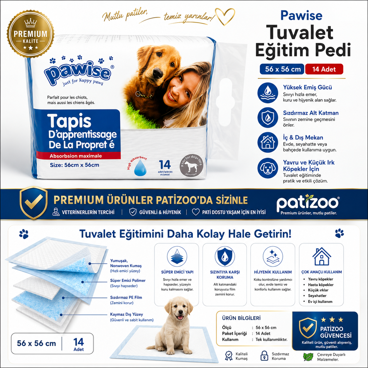 Pawise Köpek Tuvalet Eğitim Pedi 56×56 cm -14’lü